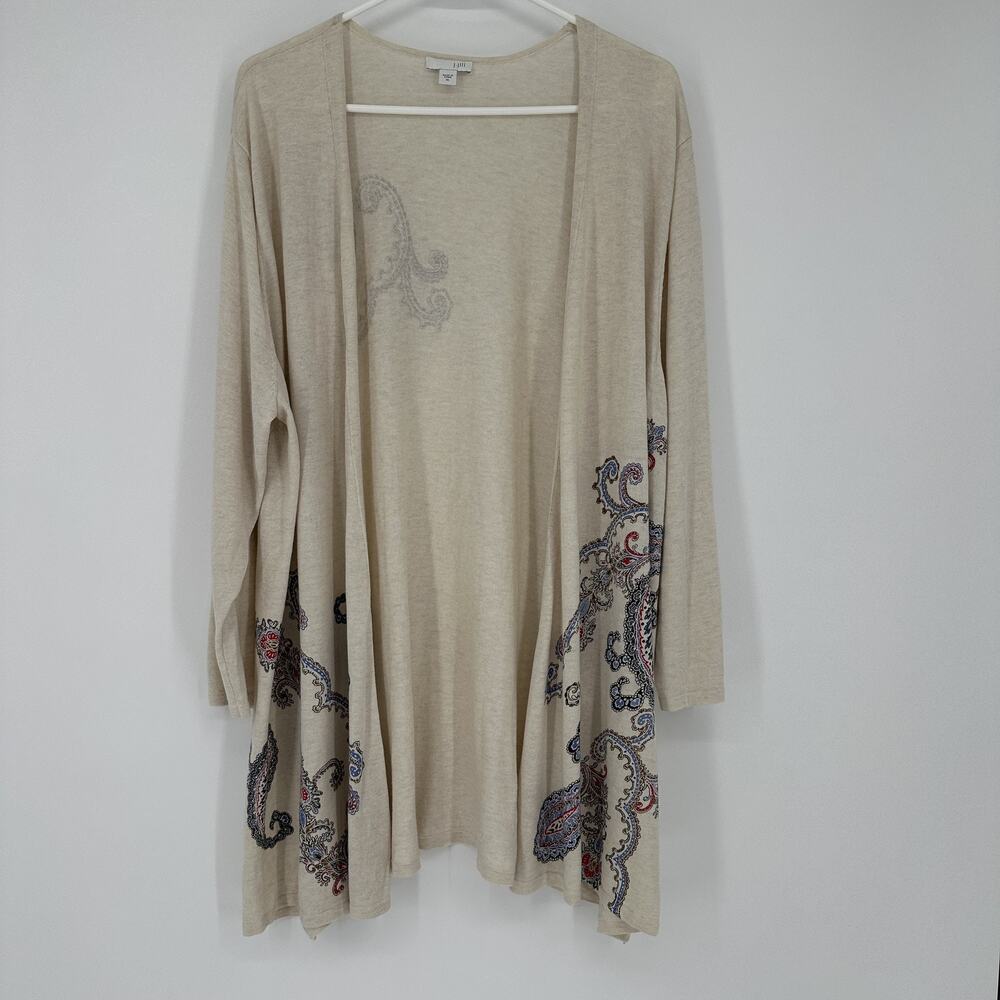 J Jill Cardigan Womens XL Beige Paisley Open Front Lightweight Boho Embroidered